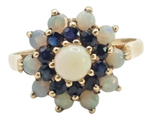 Load image into Gallery viewer, 3088: Vintage 9ct Gold White Opals Blue Sapphires Flower Head Ring- From 1974
