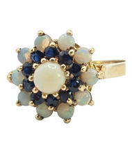 Load image into Gallery viewer, 3088: Vintage 9ct Gold White Opals Blue Sapphires Flower Head Ring- From 1974
