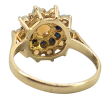 Load image into Gallery viewer, 3088: Vintage 9ct Gold White Opals Blue Sapphires Flower Head Ring- From 1974
