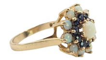 Load image into Gallery viewer, 3088: Vintage 9ct Gold White Opals Blue Sapphires Flower Head Ring- From 1974
