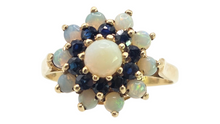 Load image into Gallery viewer, 3088: Vintage 9ct Gold White Opals Blue Sapphires Flower Head Ring- From 1974
