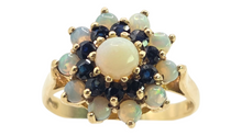 Load image into Gallery viewer, 3088: Vintage 9ct Gold White Opals Blue Sapphires Flower Head Ring- From 1974
