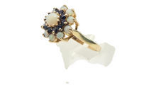 Load image into Gallery viewer, 3088: Vintage 9ct Gold White Opals Blue Sapphires Flower Head Ring- From 1974

