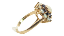 Load image into Gallery viewer, 3088: Vintage 9ct Gold White Opals Blue Sapphires Flower Head Ring- From 1974
