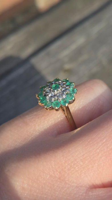 2943: Vintage 18ct Gold Emeralds Diamonds Floral Cluster Ring-From 1975