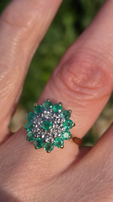 2943: Vintage 18ct Gold Emeralds Diamonds Floral Cluster Ring-From 1975
