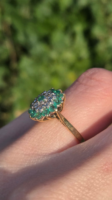 2943: Vintage 18ct Gold Emeralds Diamonds Floral Cluster Ring-From 1975