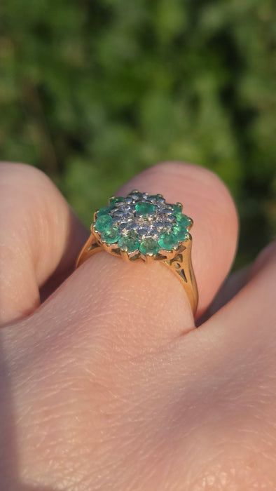 2943: Vintage 18ct Gold Emeralds Diamonds Floral Cluster Ring-From 1975