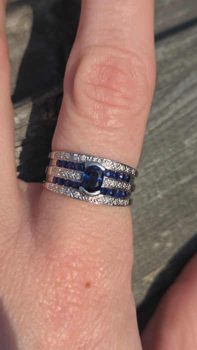 6462 Vintage: Art Deco Style 9ct White Gold Blue Sapphires Natural Diamonds Ring