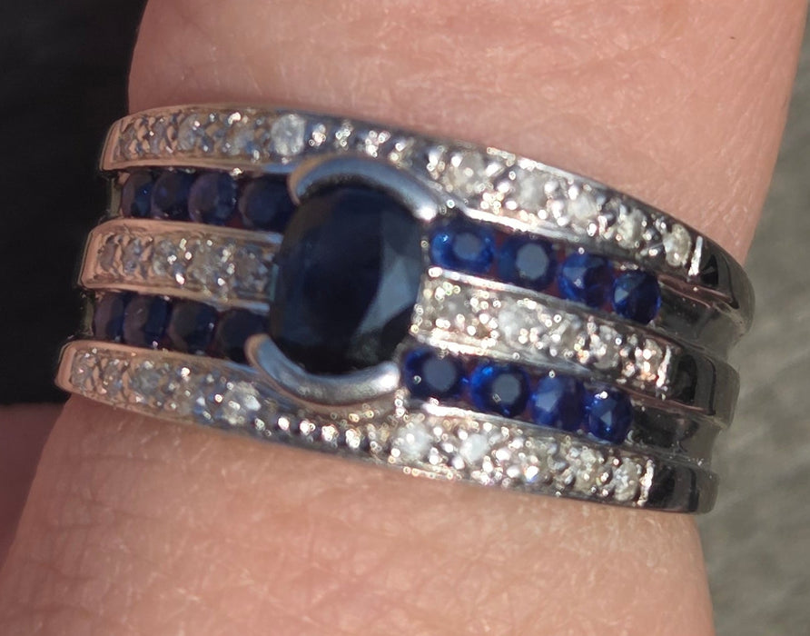 6462 Vintage: Art Deco Style 9ct White Gold Blue Sapphires Natural Diamonds Ring