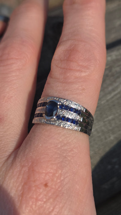 6462 Vintage: Art Deco Style 9ct White Gold Blue Sapphires Natural Diamonds Ring