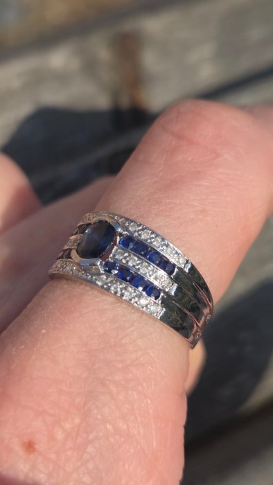 6462 Vintage: Art Deco Style 9ct White Gold Blue Sapphires Natural Diamonds Ring