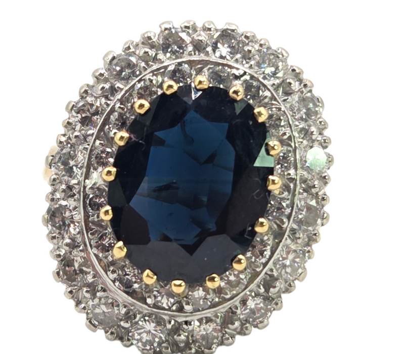 2814 Vintage: 18ct Yellow Gold 1.00ct Diamond & Blue Sapphire Diana Cluster Ring