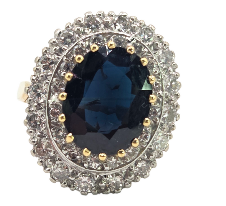2814 Vintage: 18ct Yellow Gold 1.00ct Diamond & Blue Sapphire Diana Cluster Ring