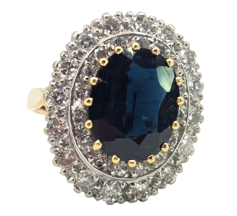 2814 Vintage: 18ct Yellow Gold 1.00ct Diamond & Blue Sapphire Diana Cluster Ring