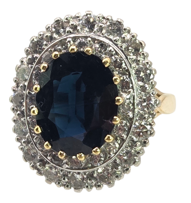 2814 Vintage: 18ct Yellow Gold 1.00ct Diamond & Blue Sapphire Diana Cluster Ring
