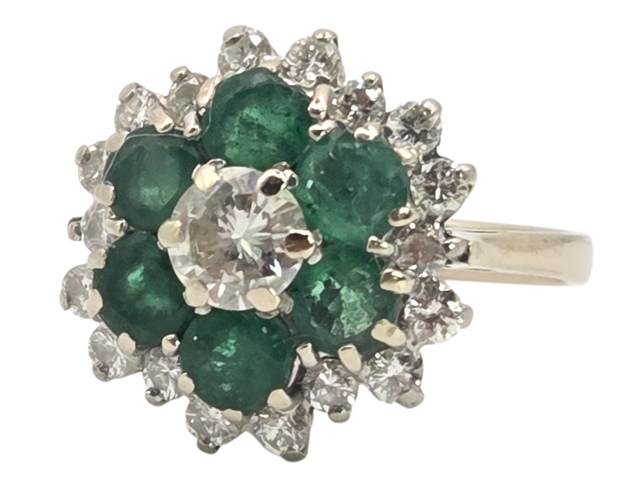 3124 Vintage: 18ct White Gold 1.40ct Diamond & Emerald Cluster Ring