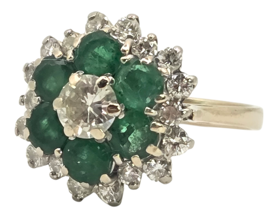 3124 Vintage: 18ct White Gold 1.40ct Diamond & Emerald Cluster Ring