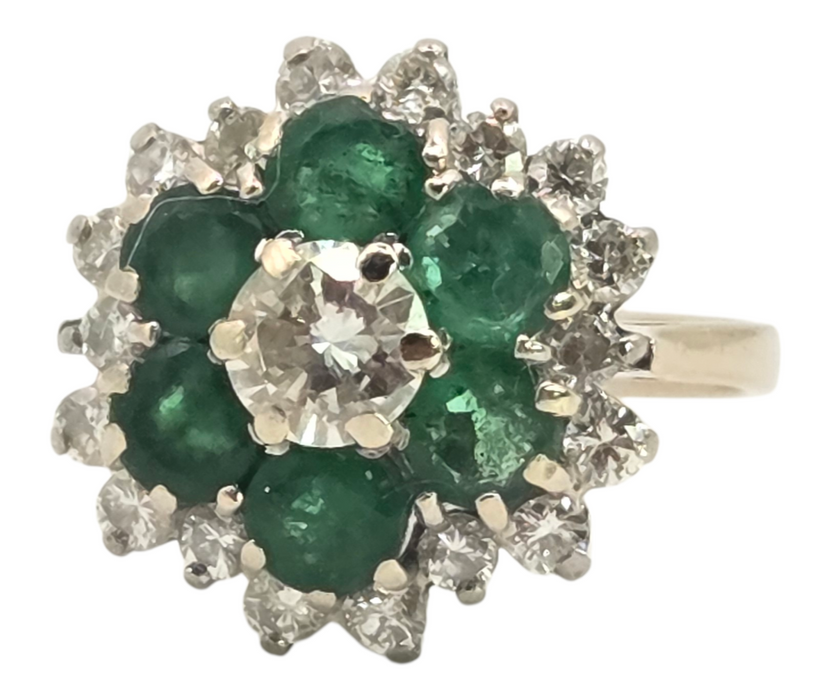 3124 Vintage: 18ct White Gold 1.40ct Diamond & Emerald Cluster Ring