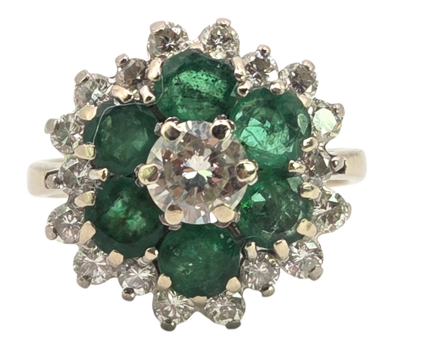 3124 Vintage: 18ct White Gold 1.40ct Diamond & Emerald Cluster Ring