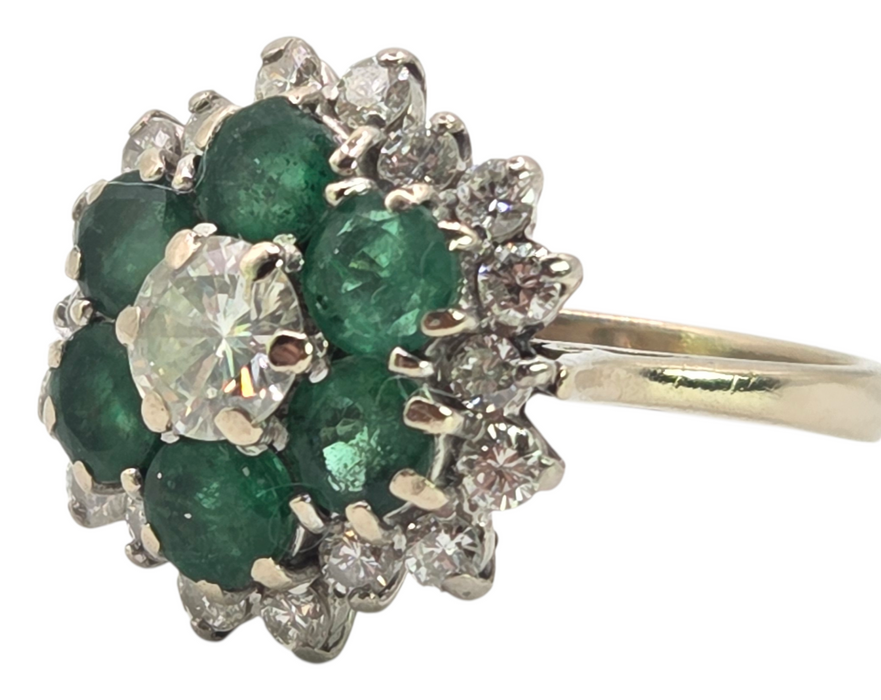 3124 Vintage: 18ct White Gold 1.40ct Diamond & Emerald Cluster Ring