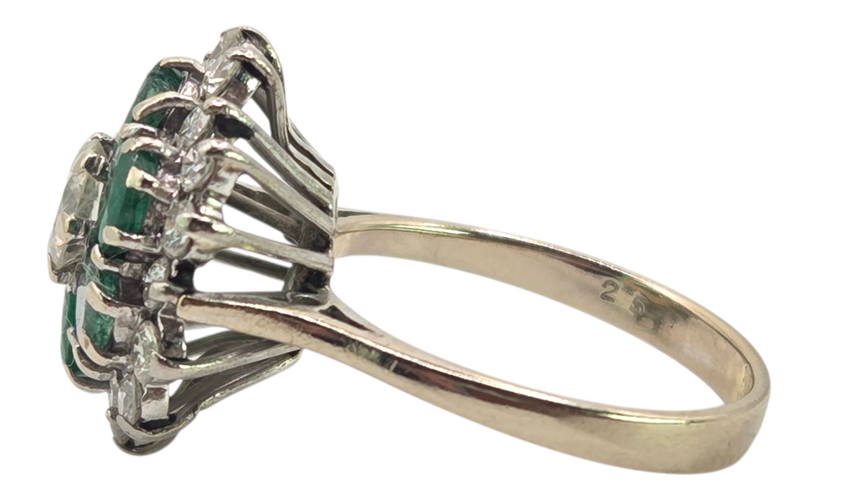 3124 Vintage: 18ct White Gold 1.40ct Diamond & Emerald Cluster Ring