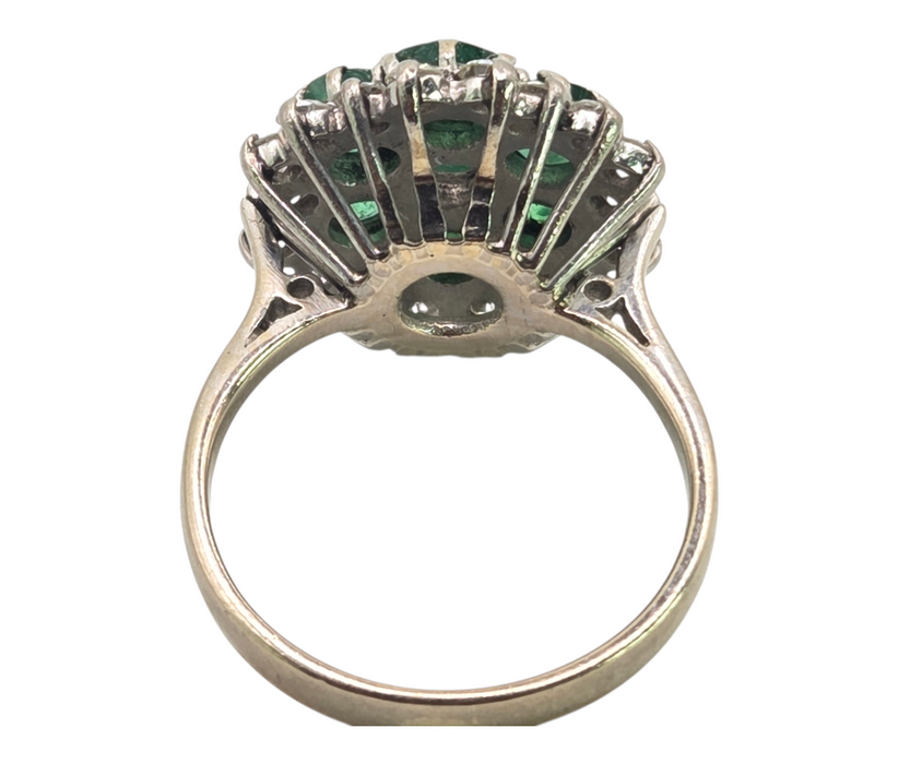 3124 Vintage: 18ct White Gold 1.40ct Diamond & Emerald Cluster Ring