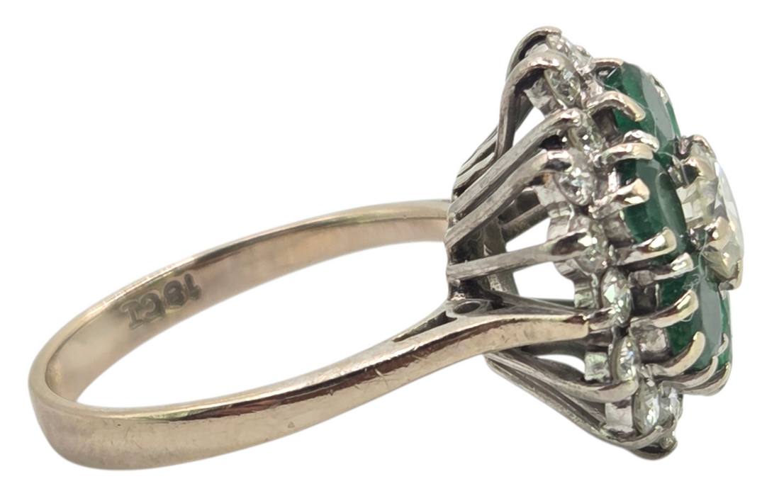 3124 Vintage: 18ct White Gold 1.40ct Diamond & Emerald Cluster Ring