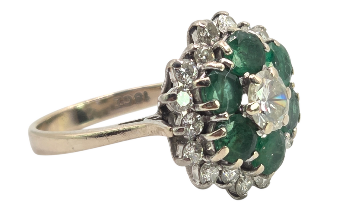 3124 Vintage: 18ct White Gold 1.40ct Diamond & Emerald Cluster Ring