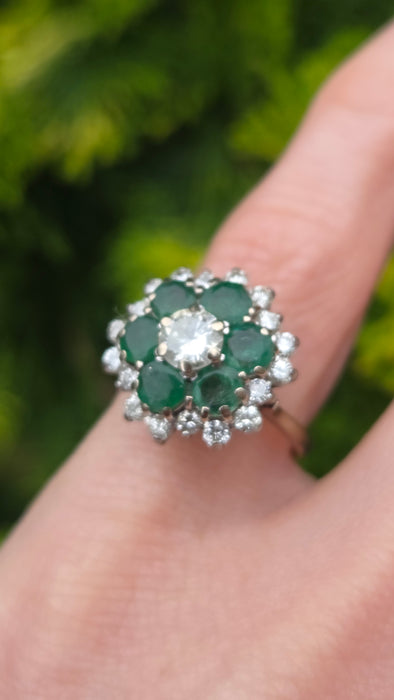 3124 Vintage: 18ct White Gold 1.40ct Diamond & Emerald Cluster Ring