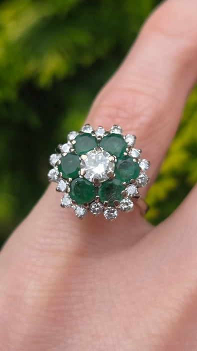 3124 Vintage: 18ct White Gold 1.40ct Diamond & Emerald Cluster Ring