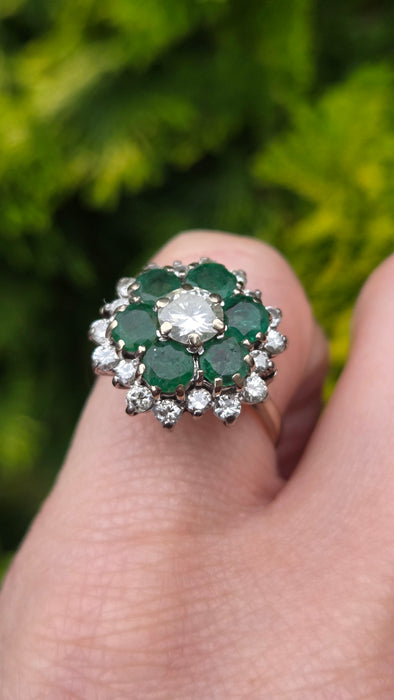 3124 Vintage: 18ct White Gold 1.40ct Diamond & Emerald Cluster Ring