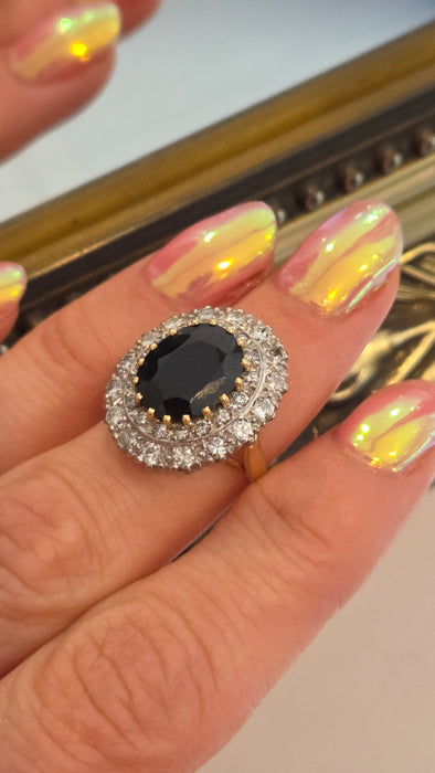 2814 Vintage: 18ct Yellow Gold 1.00ct Diamond & Blue Sapphire Diana Cluster Ring