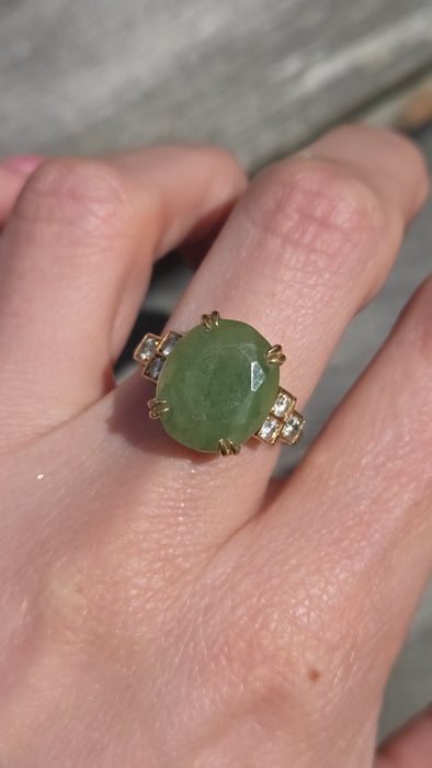 2889: Vintage 18ct Gold Large Cabochon Green Jade (8.18ct) Diamonds Trefoil Set Ring