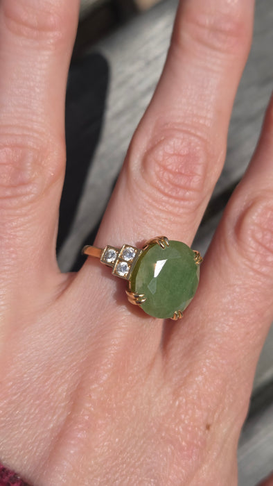 2889: Vintage 18ct Gold Large Cabochon Green Jade (8.18ct) Diamonds Trefoil Set Ring