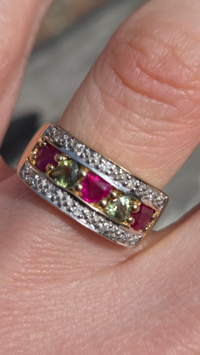 3009 Vintage: 9ct Gold Rubies, Green Sapphires, Diamonds Precious Gemstones Ring