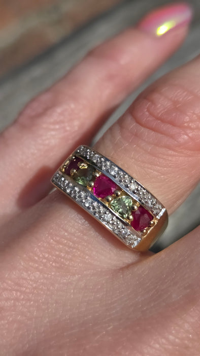 3009 Vintage: 9ct Gold Rubies, Green Sapphires, Diamonds Precious Gemstones Ring