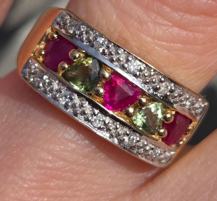 3009 Vintage: 9ct Gold Rubies, Green Sapphires, Diamonds Precious Gemstones Ring