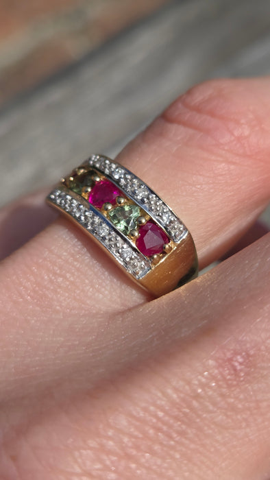 3009 Vintage: 9ct Gold Rubies, Green Sapphires, Diamonds Precious Gemstones Ring