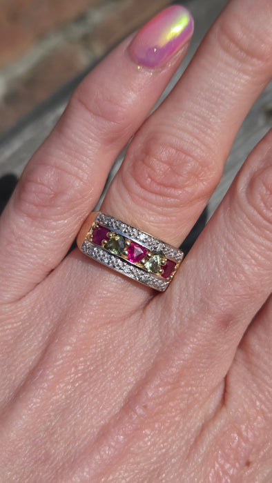 3009 Vintage: 9ct Gold Rubies, Green Sapphires, Diamonds Precious Gemstones Ring