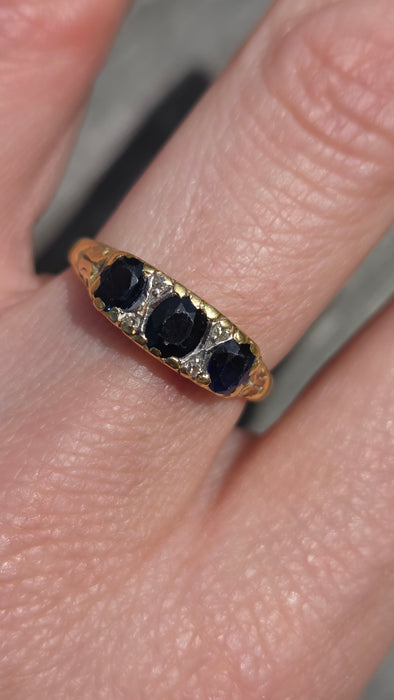 6288 Vintage; 18ct Gold French Blue Sapphires Diamonds Dress Ring- From 1974