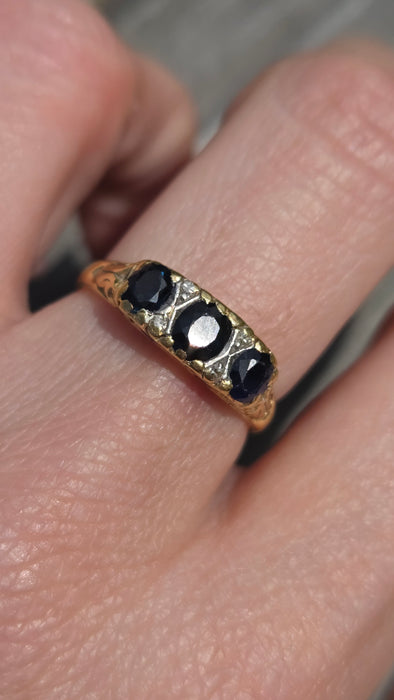 6288 Vintage; 18ct Gold French Blue Sapphires Diamonds Dress Ring- From 1974