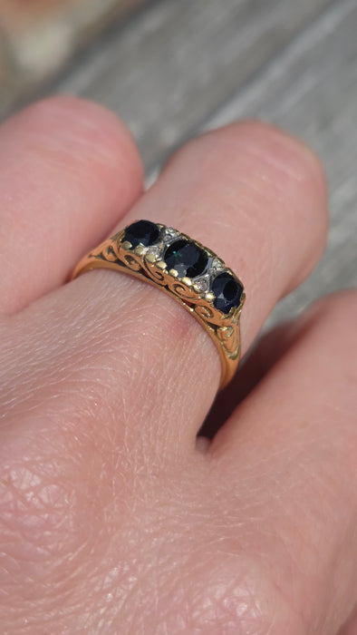 6288 Vintage; 18ct Gold French Blue Sapphires Diamonds Dress Ring- From 1974