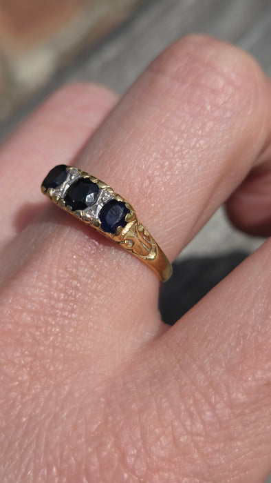 6288 Vintage; 18ct Gold French Blue Sapphires Diamonds Dress Ring- From 1974