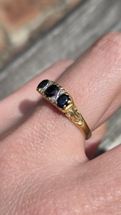 6288 Vintage; 18ct Gold French Blue Sapphires Diamonds Dress Ring- From 1974