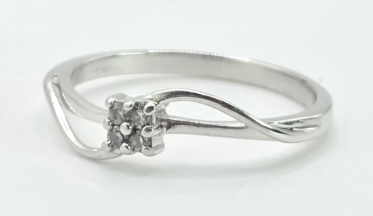 3031 Vintage: 9ct White Gold Four Diamond Cluster Bypass Ring