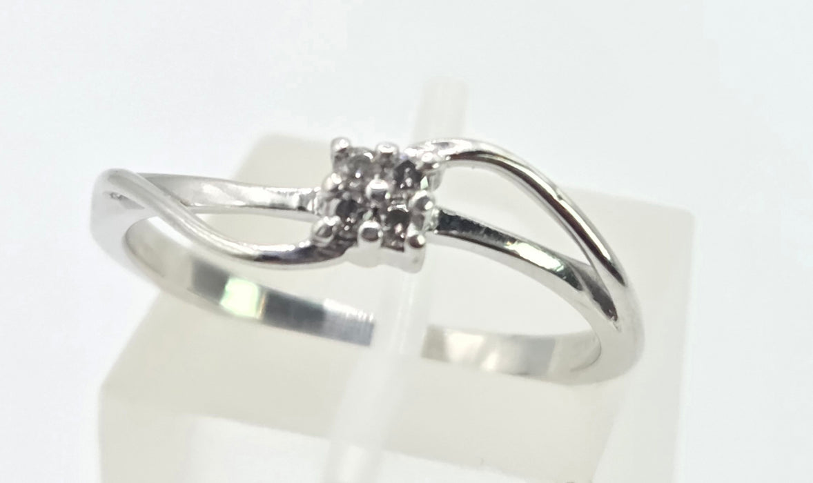 3031 Vintage: 9ct White Gold Four Diamond Cluster Bypass Ring
