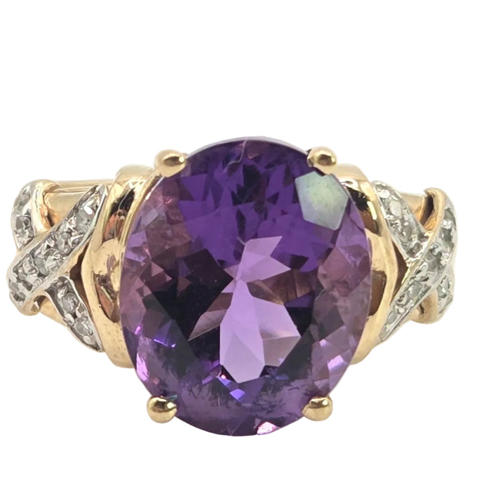 3110 Vintage: 9ct Yellow Gold Amethyst & Diamond Cross Shoulder Ring