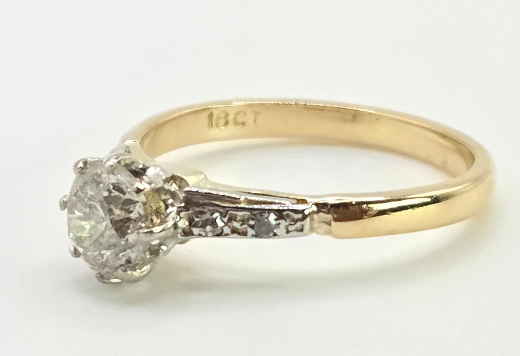 2841 Vintage: 18ct Yellow Gold 0.70ct Diamond Solitaire Ring with Diamond-Set Shoulders