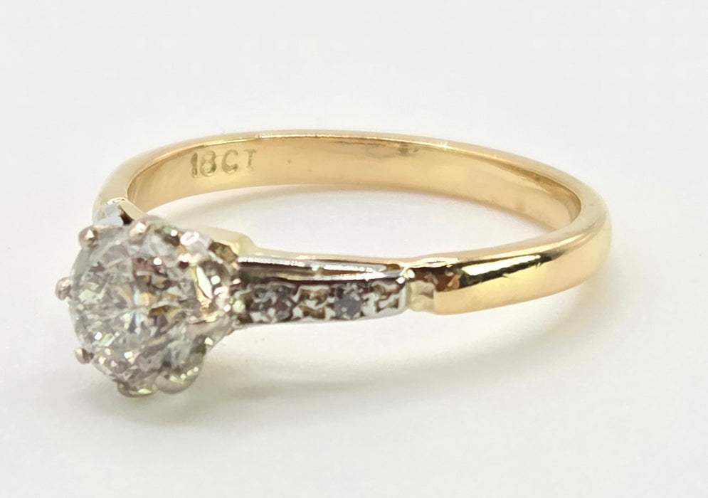 2841 Vintage: 18ct Yellow Gold 0.70ct Diamond Solitaire Ring with Diamond-Set Shoulders